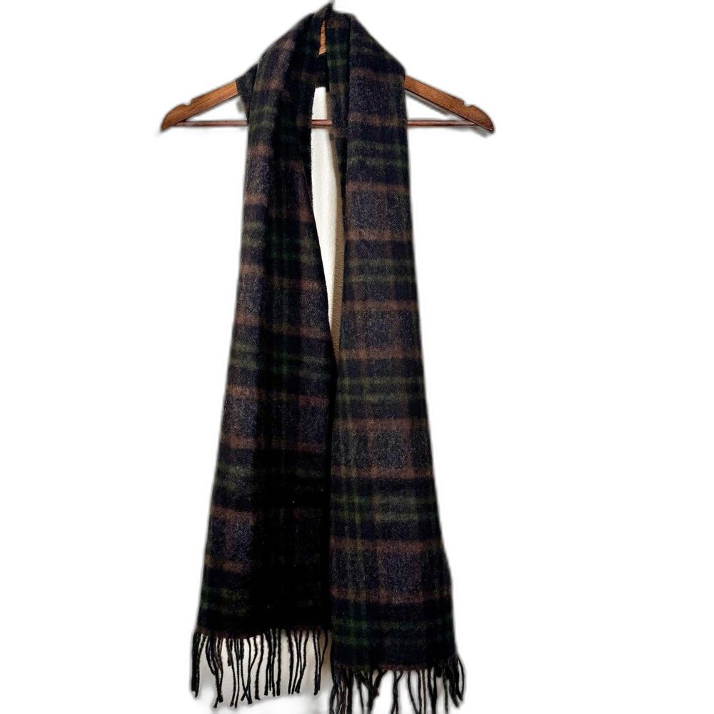 J.Crew 100% Lambswool Plaid Scarf Made in Ireland Fringe Black Brown Green Wool